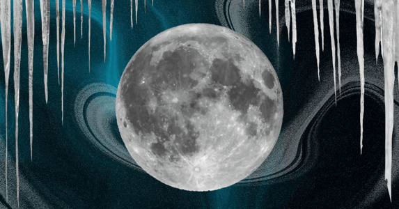 A moon with icicles hanging over it.